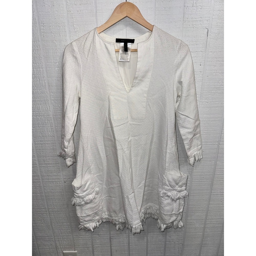 BCBGMAXAZRIA Mini Dress Women White Fringe Trim Cotton Tunic XS